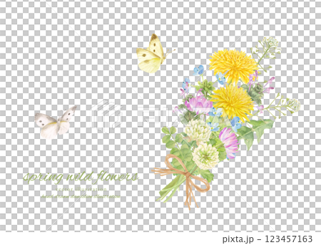 水彩手書きの春の草花を束ねたブーケ 123457163