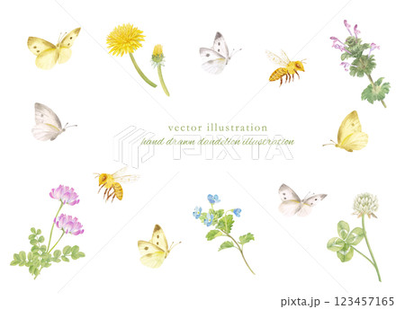 水彩手書きの春の草花と昆虫のカットイラスト 123457165