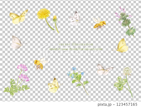 水彩手書きの春の草花と昆虫のカットイラスト 123457165