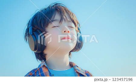 目を閉じてヘッドフォンで音楽を聴く男の子 目を閉じてヘッドフォンで音楽を聴く男の子 123457196