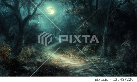 A moonlit forest with a path leading through it 123457220