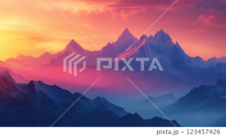 The mountains are covered in snow and the sky is a beautiful mix of pink 123457426