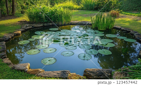 A pond with lily pads floating on the surface 123457442