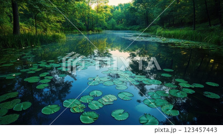 A pond with lily pads floating on the surface 123457443
