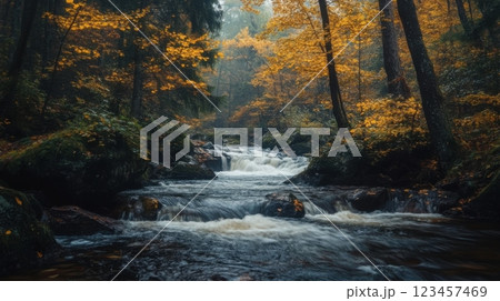 A stream of water flows through a forest with trees on either side 123457469