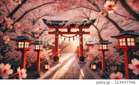 桜舞う神社の参道と幻想的な春の風景 123457546