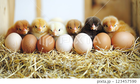 横に並んだ色々なカラーのヒヨコと卵 123457590