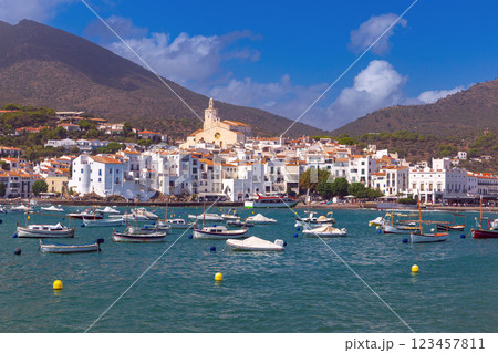Cadaques, Spain coastal view with boats and church Cadaques, Spain coastal view with boats and church 123457811