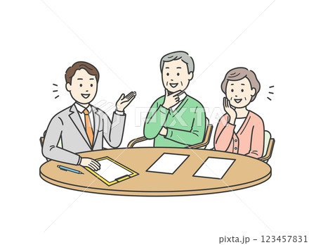 スーツ姿の男性から説明を受ける高齢者男女夫婦イラスト 123457831