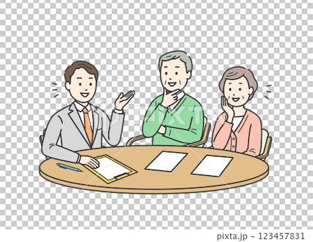 スーツ姿の男性から説明を受ける高齢者男女夫婦イラスト 123457831