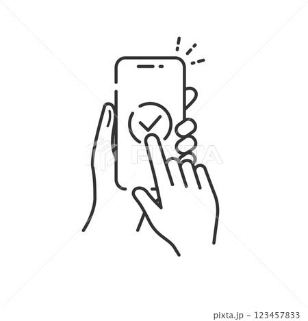 スマホでチェックマークをタップする完了アイコン 線画・白黒 スマホでチェックマークをタップする完了アイコン 線画・白黒 123457833