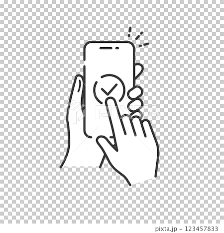 スマホでチェックマークをタップする完了アイコン 線画・白黒 スマホでチェックマークをタップする完了アイコン 線画・白黒 123457833