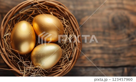 Egg chicken colorful golden shiny on rattan bamboo traditional Egg chicken colorful golden shiny on rattan bamboo traditional 123457960