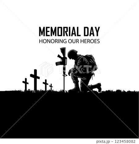 Memorial Day Soldier Kneeling at Battlefield Cross Honoring Fallen Heroes 123458082