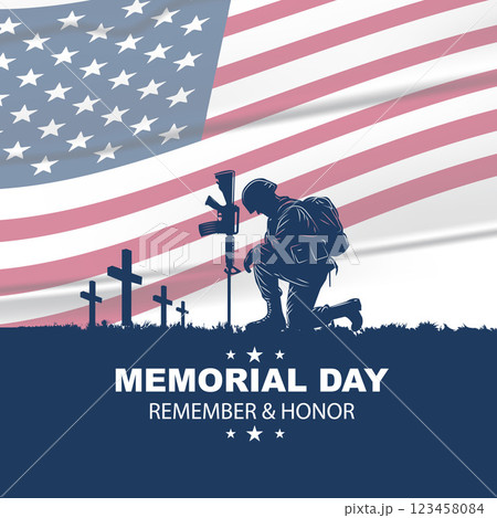 Memorial Day Tribute Soldier Kneeling at Battlefield Cross with American Flag Background Memorial Day Tribute Soldier Kneeling at Battlefield Cross with American Flag Background 123458084