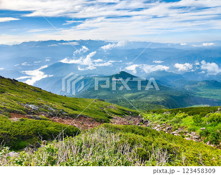 夏の御嶽山登山：王滝口登山道からの眺め 123458309