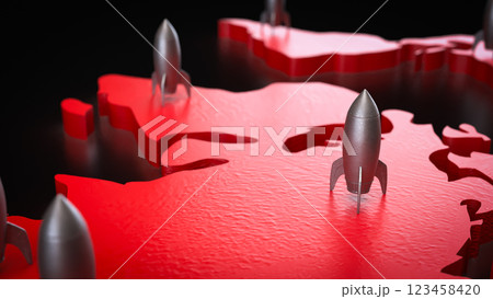 The Rocket on red world map 3d Rendering. 123458420