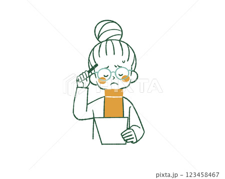 書類とペンを持って頭を悩ませている女性-4色 書類とペンを持って頭を悩ませている女性-4色 123458467