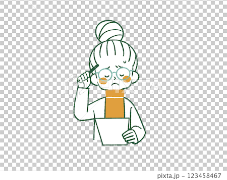 書類とペンを持って頭を悩ませている女性-4色 書類とペンを持って頭を悩ませている女性-4色 123458467