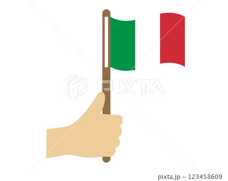 風になびくイタリア国旗を持つ手のイラスト 123458609