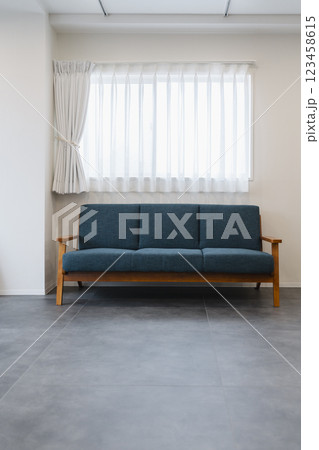 リビングルーム　イメージ　白い壁の部屋に置かれたブルーのソファ 123458615