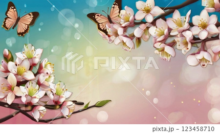 満開の桜と蜜を吸うアゲハ蝶 123458710