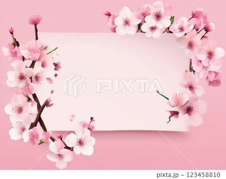 ピンクの背景に桜の花を斜めに配置したフレーム 123458810