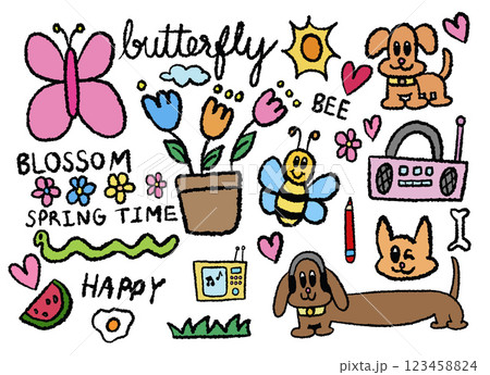 Hand drawn crayon illustrations of puppy, butterfly, bee, radio, cat, tulip flowers, TV, worm, fried egg, heart for cartoon characters, comic, cute patch, spring time, blossom, stickers, pet, nature Hand drawn crayon illustrations of puppy, butterfly, bee, radio, cat, tulip flowers, TV, worm, fried egg, heart for cartoon characters, comic, cute patch, spring time, blossom, stickers, pet, nature 123458824