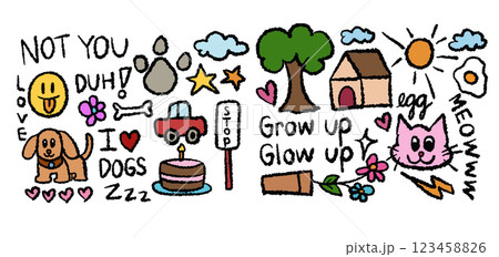 Hand drawn crayon illustrations of puppy, dog's paw, car, tree, house, cake, cat, sun, fried egg, flowers, cloud, star, heart for pet, cartoon character, kid drawing style, nature, garden, environment 123458826