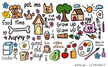 Hand drawn crayon illustrations of puppy, dog's paw, bone, milk, home, fried egg, tree, house, flowers, water colour, paint brush, avocado, apple, cherry, hot coffee cup, bread, stick man, sun, cloud 123458827