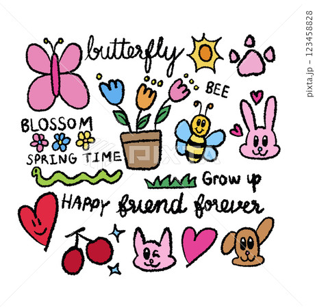Hand drawn crayon illustrations of butterfly, tulip flowers, sun, puppy, dog's paw, bee, bunny, heart, cat, cherry, worm for cartoon characters, comic, animal print, pet shop, nature, garden, blossom	 123458828