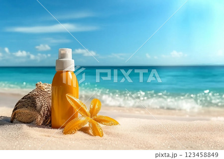 Sunblock Bottle on the tropical beach and sunshine Sunblock Bottle on the tropical beach and sunshine 123458849