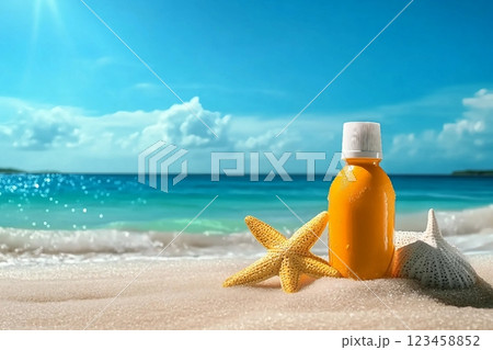 Sunblock Bottle on the tropical beach and sunshine 123458852