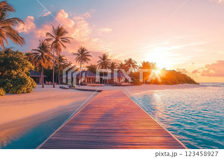 Amazing sunset panorama at Maldives. Luxury resort villas seascape with soft led lights under colorful sky. Beautiful twilight sky and colorful clouds. Beautiful beach background for vacation holiday 123458927