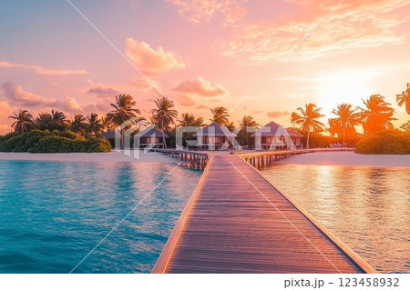 Amazing sunset panorama at Maldives. Luxury resort villas seascape with soft led lights under colorful sky. Beautiful twilight sky and colorful clouds. Beautiful beach background for vacation holiday 123458932