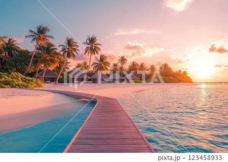Amazing sunset panorama at Maldives. Luxury resort villas seascape with soft led lights under colorful sky. Beautiful twilight sky and colorful clouds. Beautiful beach background for vacation holiday 123458933