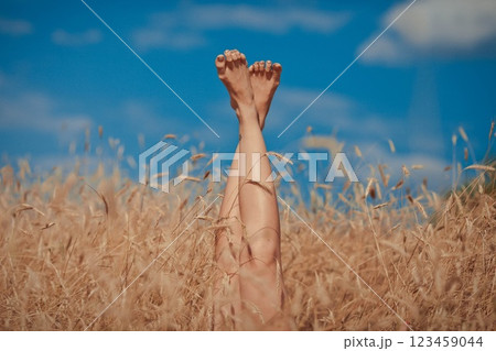 Creative image of female legs sticking out of golden wheat field. Summer time concept. Creative image of female legs sticking out of golden wheat field. Summer time concept. 123459044