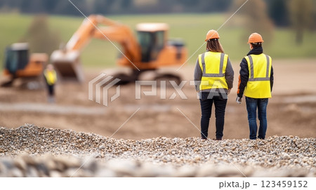 Construction workers observing excavation site with heavy machinery 123459152