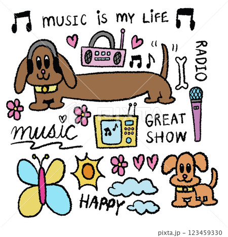 Hand drawn crayon illustrations of puppy, headphone, radio, microphone, bone, butterfly, sun, flower, TV, heart, music melody for cartoon characters, comic, cute patch, dog cartoon, animals, pet shop	 123459330