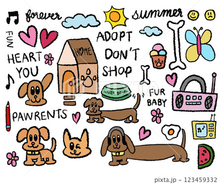 Hand drawn crayon illustrations of puppy, home, bone, butterfly, dog ice cream, heart, pet bowl, watermelon, radio for cartoon characters, comic, cute patch, cartoon character, adopt and rescue animal 123459332
