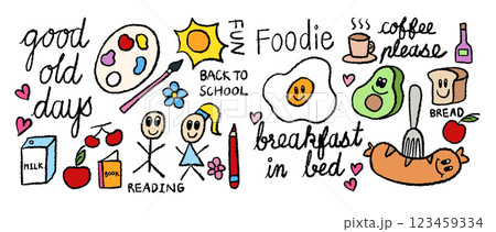 Hand drawn crayon illustrations of good old days, water colours, paint brush, sun, milk box, apple, cherry, book, fried egg, avocado, sausage, bread, hot coffee for breakfast, food cartoon, school	 123459334