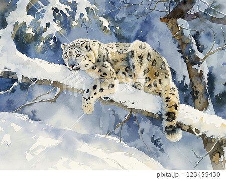 雪の中、木の枝で休みユキヒョウ　AI画像 123459430