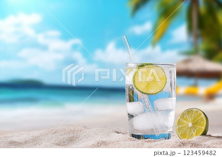 Cold water drink with ice and a slice of lime on sand with tropical beach background 123459482
