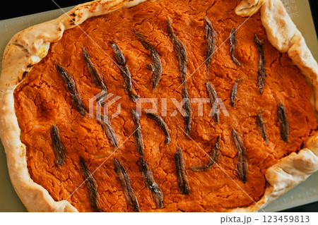 Pumpkin pie with anchovies lies on a baking sheet. Top view 123459813