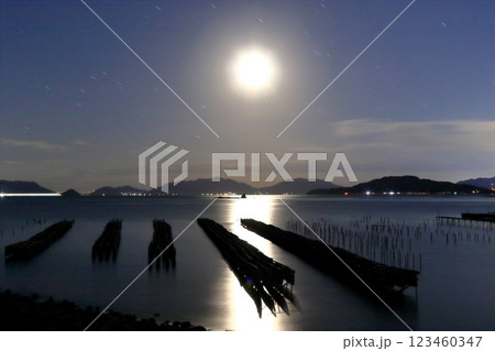 月光に浮かび上がる 牡蠣抑制棚や瀬戸の島々 123460347