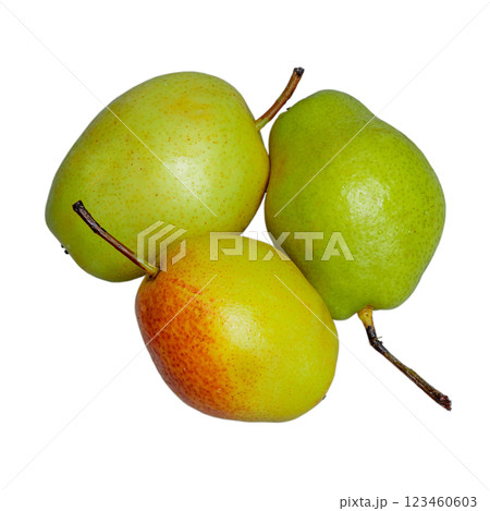 Three pears of green with red color isolate on a white background. Fruits, pears. 123460603