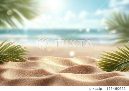 Beach background with sand and palm decoration. Summer photo of free space for your decoration. Beach background with sand and palm decoration. Summer photo of free space for your decoration. 123460621
