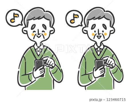 スマホを操作してご機嫌なシニア男性　上半身　ベクター 123460715