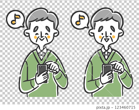 スマホを操作してご機嫌なシニア男性　上半身　ベクター 123460715