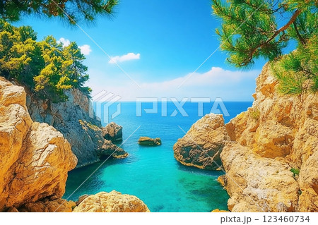 Nature enclosed rocky bay on sunny day with a view of sea surface turning, branches green cedars and bright blue cloudless sky. 123460734